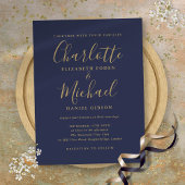 Navy Blue and Gold Signature Script Weduwen Uitnodiging Briefkaart