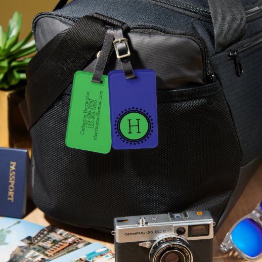 Navy Blue and Green Polka Dot Monogram Bagagelabel (Voorkant /achterkant)