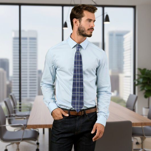 Navy Blue and Grey Tartan Plaid Scottish Style Tie Stropdas