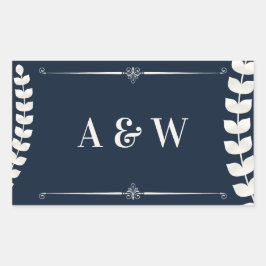 Navy Blue and Ivory Elegant Laurel Monogram Weddin Rechthoekige Sticker