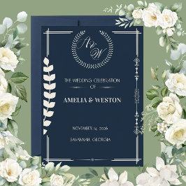 Navy Blue and Ivory Elegant Laurel Wreath Wedding Kaart