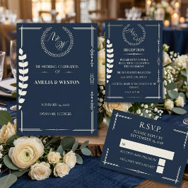 Navy Blue and Ivory Elegant Monogram Wedding Menu