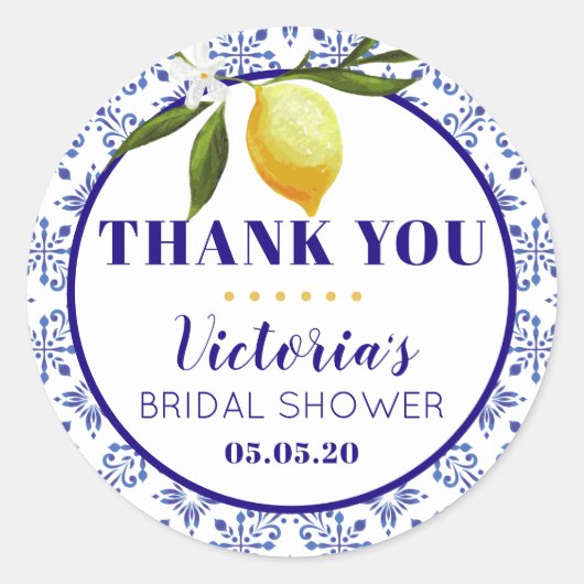 Navy Blue and Lemon bridal shower round sticker (Voorkant)