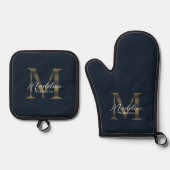Navy Blue and Metallic Gold Monogram Script Ovenwant & Pannenlap Set (Voorkant)