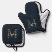 Navy Blue and Metallic Gold Monogram Script Ovenwant & Pannenlap Set (Voorkant / Achterkant)