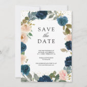 Navy Blue and Peach Floral Photo Wedding Save The Date (Voorkant)