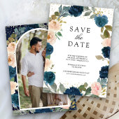 Navy Blue and Peach Floral Photo Wedding Save The Date