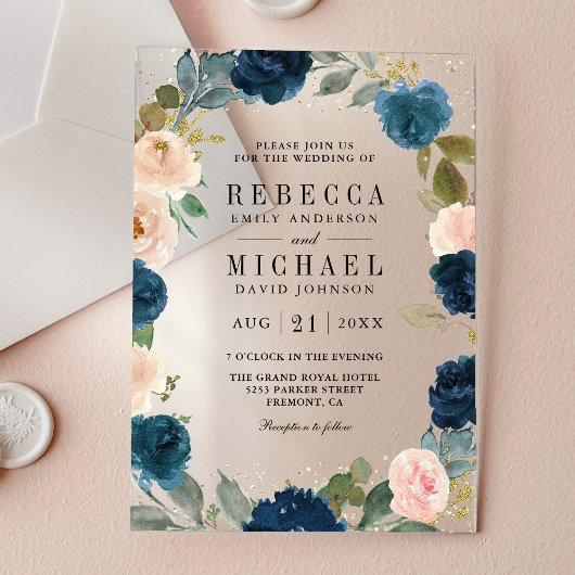 Navy Blue and Peach Floral Wedding Acryl Uitnodigingen