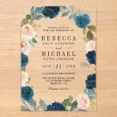 Navy Blue and Peach Floral Wedding Acryl Uitnodigingen (Voorkant)