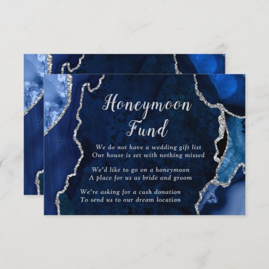 Navy Blue and Silver Agate Honeymoon Fund Informatiekaartje (Voorkant / Achterkant)