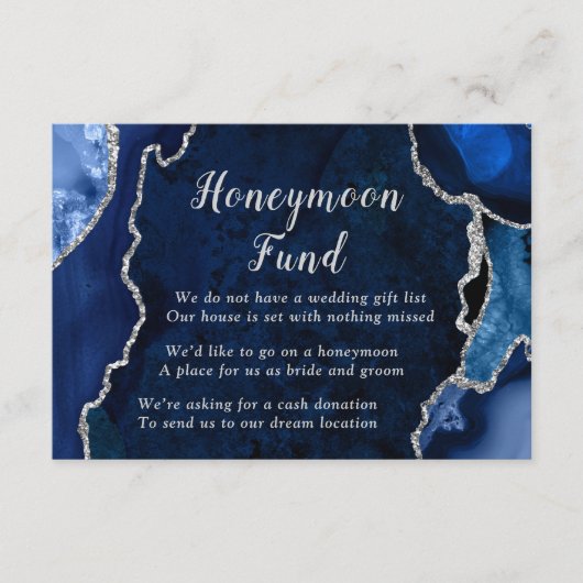 Navy Blue and Silver Agate Honeymoon Fund Informatiekaartje (Voorkant)