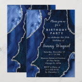 Navy Blue and Silver Agate Marble Birthday Party Kaart (Voorkant / Achterkant)