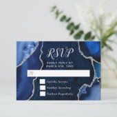 Navy Blue and Silver Agate Marble RSVP Kaartje (Staand voorkant)