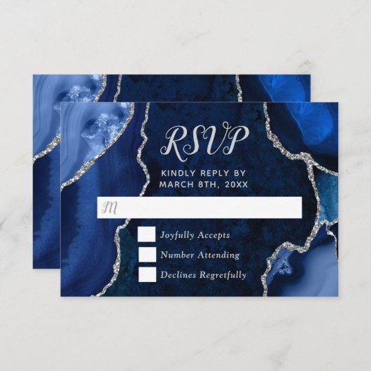 Navy Blue and Silver Agate Marble RSVP Kaartje (Voorkant / Achterkant)