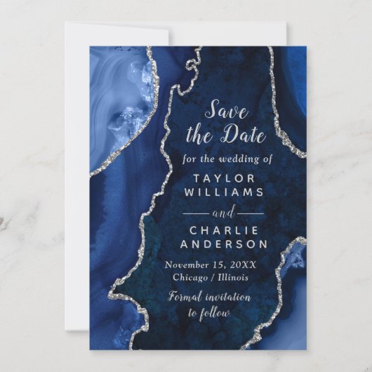 Navy Blue and Silver Agate Marble Save The Date Kaart (Voorkant)