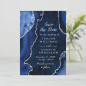 Navy Blue and Silver Agate Marble Save The Date Kaart (Staand voorkant)