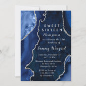 Navy Blue and Silver Agate Marble Sweet Sixteen Kaart (Voorkant)