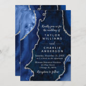 Navy Blue and Silver Agate Marble Wedding Kaart (Voorkant / Achterkant)