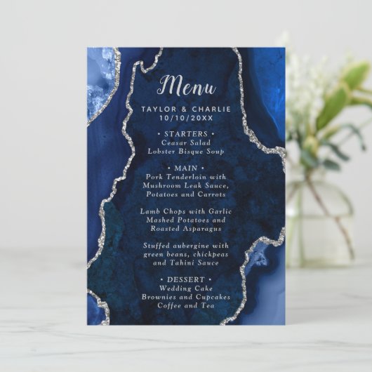 Navy Blue and Silver Agate Marble Wedding Menu (Staand voorkant)