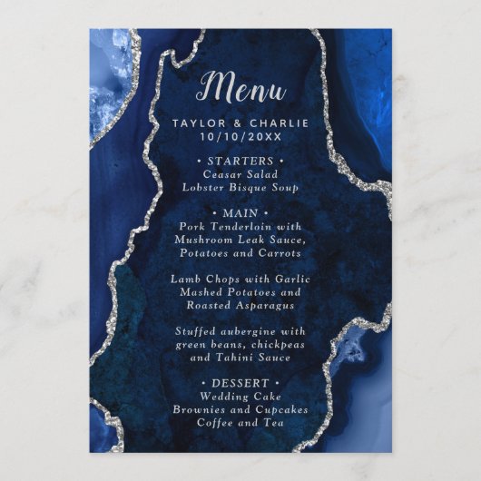 Navy Blue and Silver Agate Marble Wedding Menu (Voorkant)