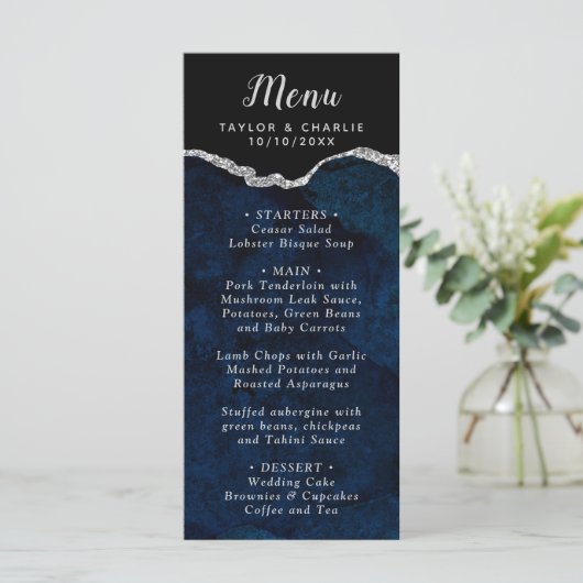 Navy Blue and Silver Agate Marble Wedding Menu (Staand voorkant)