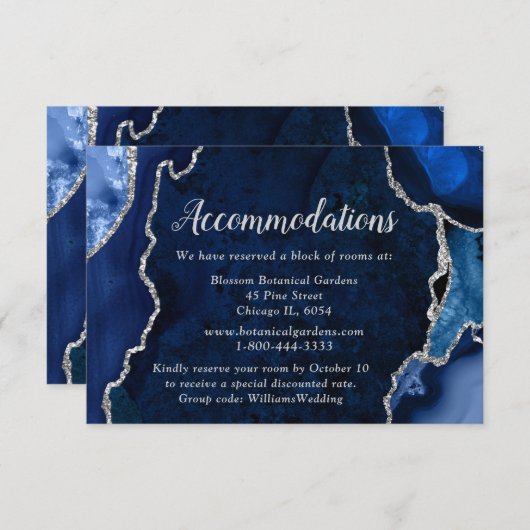 Navy Blue and Silver Agate Wedding Accommodations Informatiekaartje (Voorkant / Achterkant)