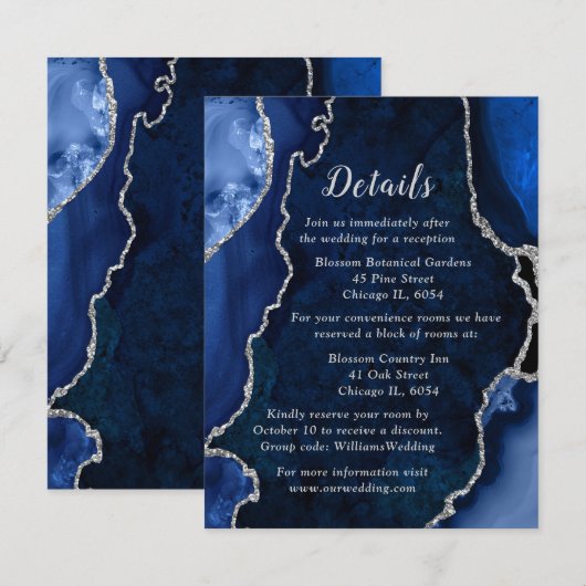 Navy Blue and Silver Agate Wedding Details Informatiekaartje (Voorkant / Achterkant)