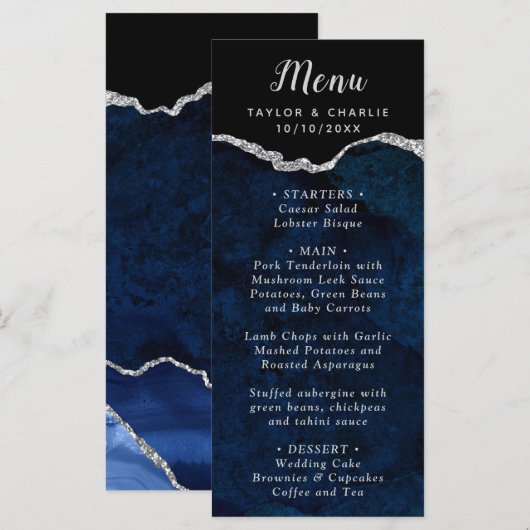 Navy Blue and Silver Agate Wedding Menu (Voorkant / Achterkant)