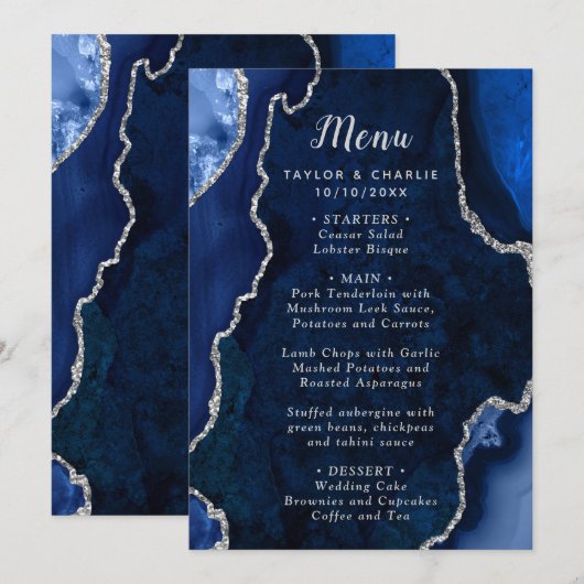 Navy Blue and Silver Agate Wedding Menu (Voorkant / Achterkant)