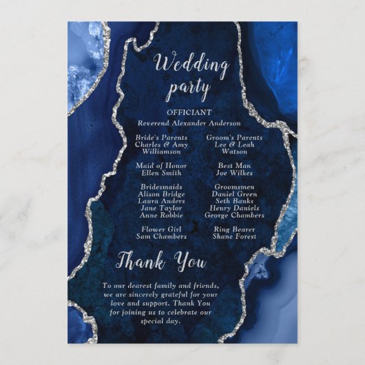 Navy Blue and Silver Agate Wedding Program Programmakaart (Achterkant)
