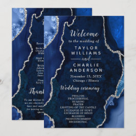 Navy Blue and Silver Agate Wedding Program Programmakaart
