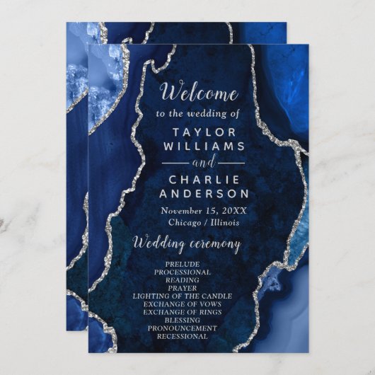 Navy Blue and Silver Agate Wedding Program Programmakaart (Voorkant / Achterkant)