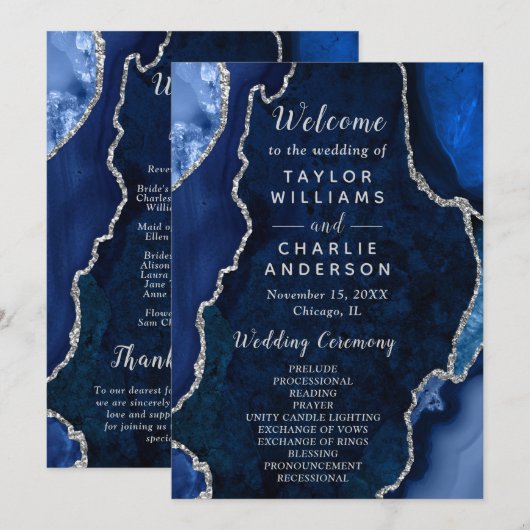 Navy Blue and Silver Agate Wedding Program Programmakaart (Voorkant / Achterkant)