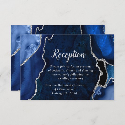 Navy Blue and Silver Agate Wedding Reception Informatiekaartje (Voorkant / Achterkant)