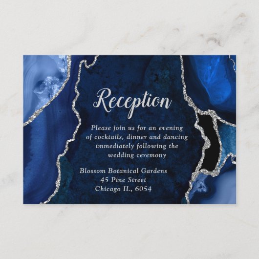 Navy Blue and Silver Agate Wedding Reception Informatiekaartje (Voorkant)