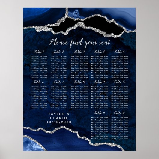 Navy Blue and Silver Agate Wedding Seating Chart Poster (Voorkant)