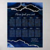 Navy Blue and Silver Agate Wedding Seating Chart Poster (Voorkant)