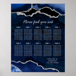 Navy Blue and Silver Agate Wedding Seating Chart Poster