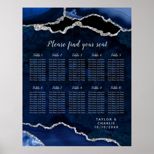 Navy Blue and Silver Agate Wedding Seating Chart Poster (Voorkant)