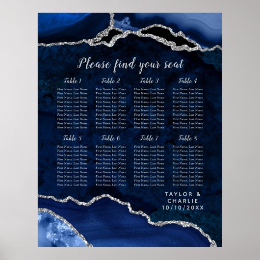 Navy Blue and Silver Agate Wedding Seating Chart Poster (Voorkant)