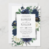 Navy Blue and Silver Floral QR Code Wedding Kaart (Voorkant)