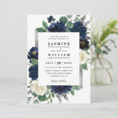 Navy Blue and Silver Floral QR Code Wedding Kaart (Staand voorkant)
