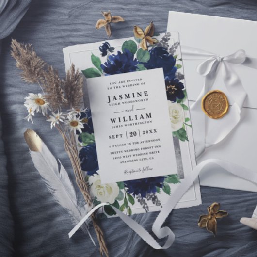 Navy Blue and Silver Floral QR Code Wedding Kaart