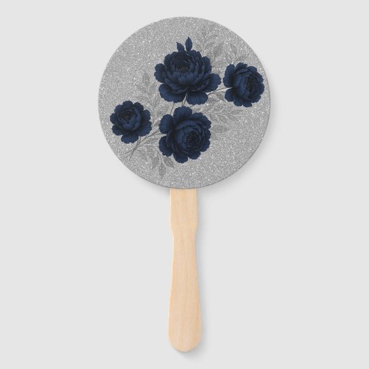 Navy Blue and Silver Glitter Leaves Wedding Handwaaier (Achterkant)