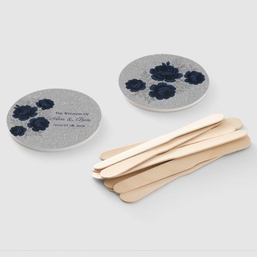 Navy Blue and Silver Glitter Leaves Wedding Handwaaier (Niet-gemonteerd)