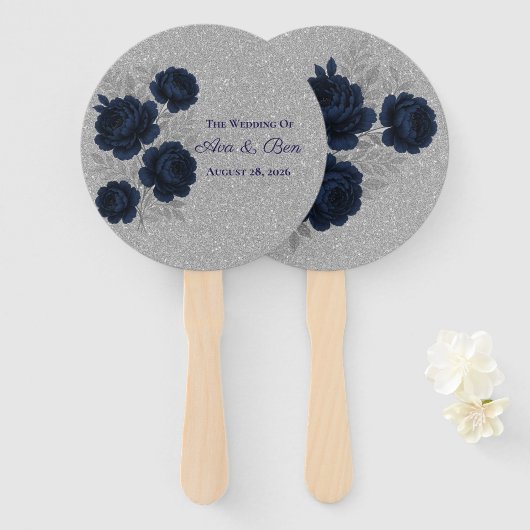 Navy Blue and Silver Glitter Leaves Wedding Handwaaier (Voorkant en achterkant)