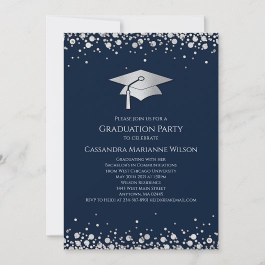 Navy Blue and Silver Graduation Kaart (Voorkant)