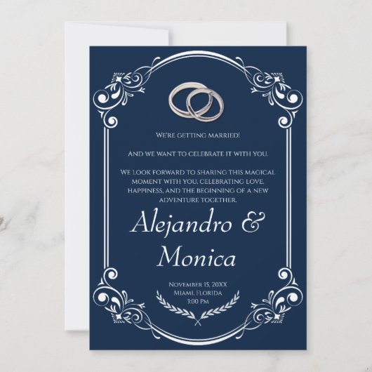 Navy Blue and Silver Wedding Ring Invitation Kaart (Voorkant)