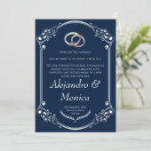 Navy Blue and Silver Wedding Ring Invitation Kaart (Staand voorkant)