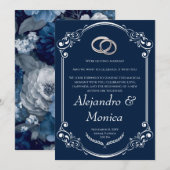 Navy Blue and Silver Wedding Ring Invitation Kaart (Voorkant / Achterkant)